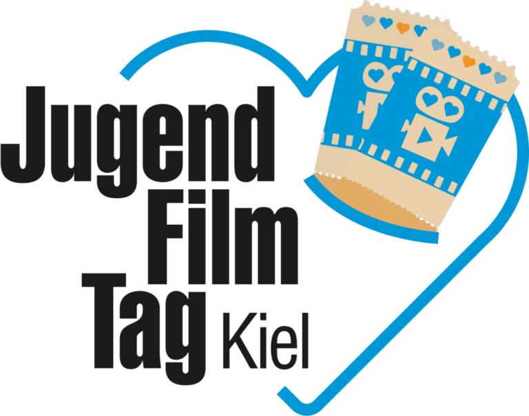 Schriftzug "Jugend Film Tag Kiel" umrandet von einem Herzen und neben der Zeichnung von zwei Kinokarten.