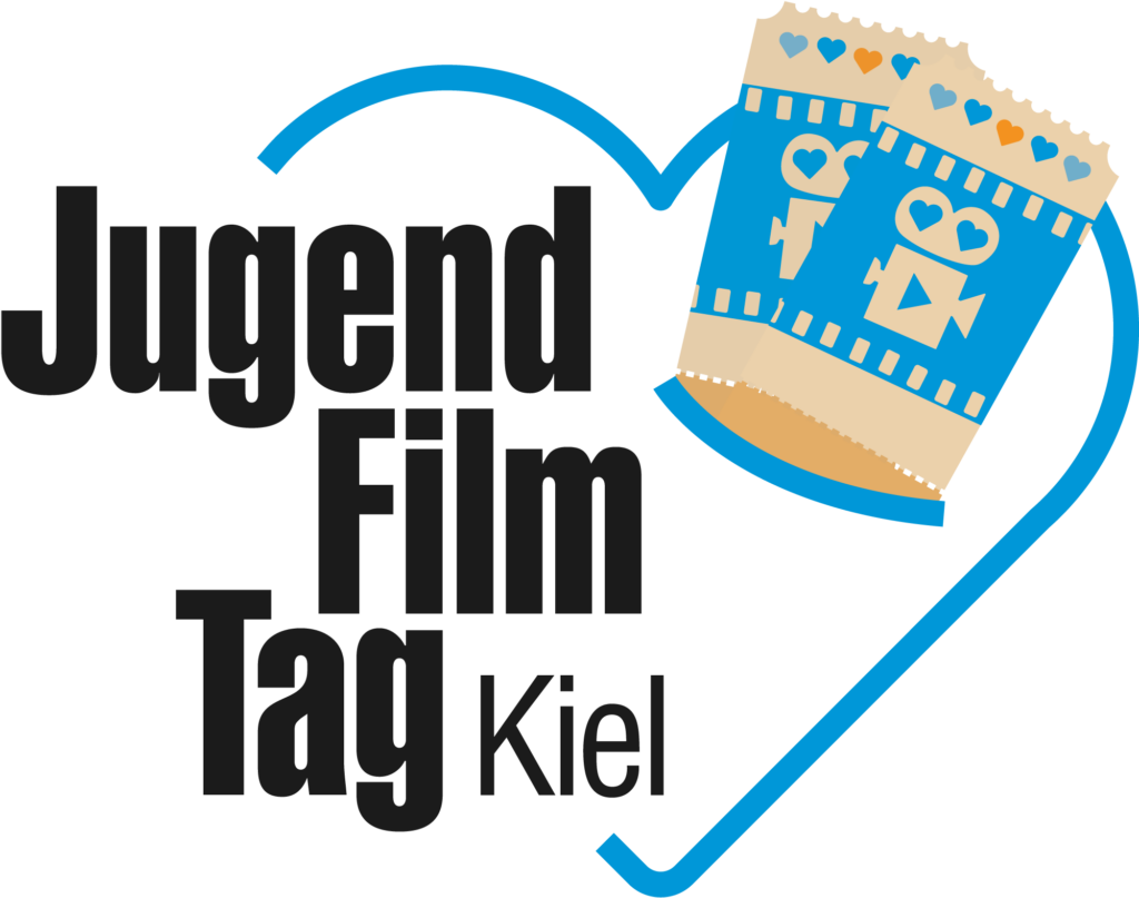 Schriftzug "Jugend Film Tag Kiel" umrandet von einem Herzen und neben der Zeichnung von zwei Kinokarten.
