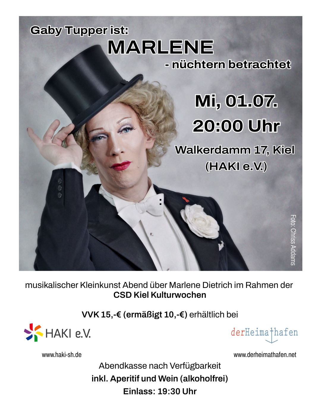 musikalischer Kleinkunst Abend über Marlene Dietrich im Rahmen der CSD Kulturwochen VVK 15 € (ermäßigt 10 €) Abendkasse nach Verfügbarkeit Einlass: 19:30 Uhr