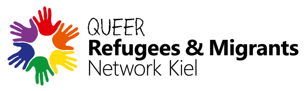 sechs Handflächen im Kreis angeordnet. Jede Handfläche in einer Farbe des Regenbogens. Daneben der Schriftzug "Queer Refugees & Migrants Network"